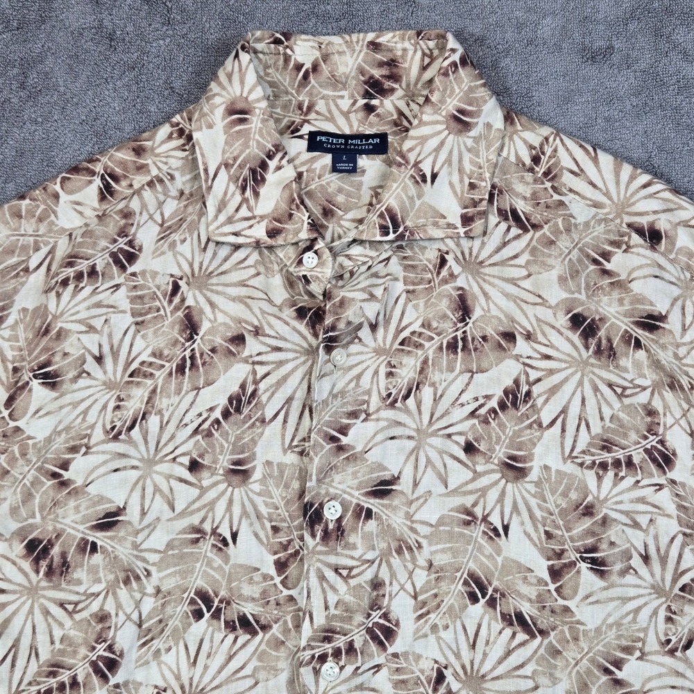 Peter Millar Button Up Mens Large Beige Linen Crown Crafted Palm MS23XW10SUX